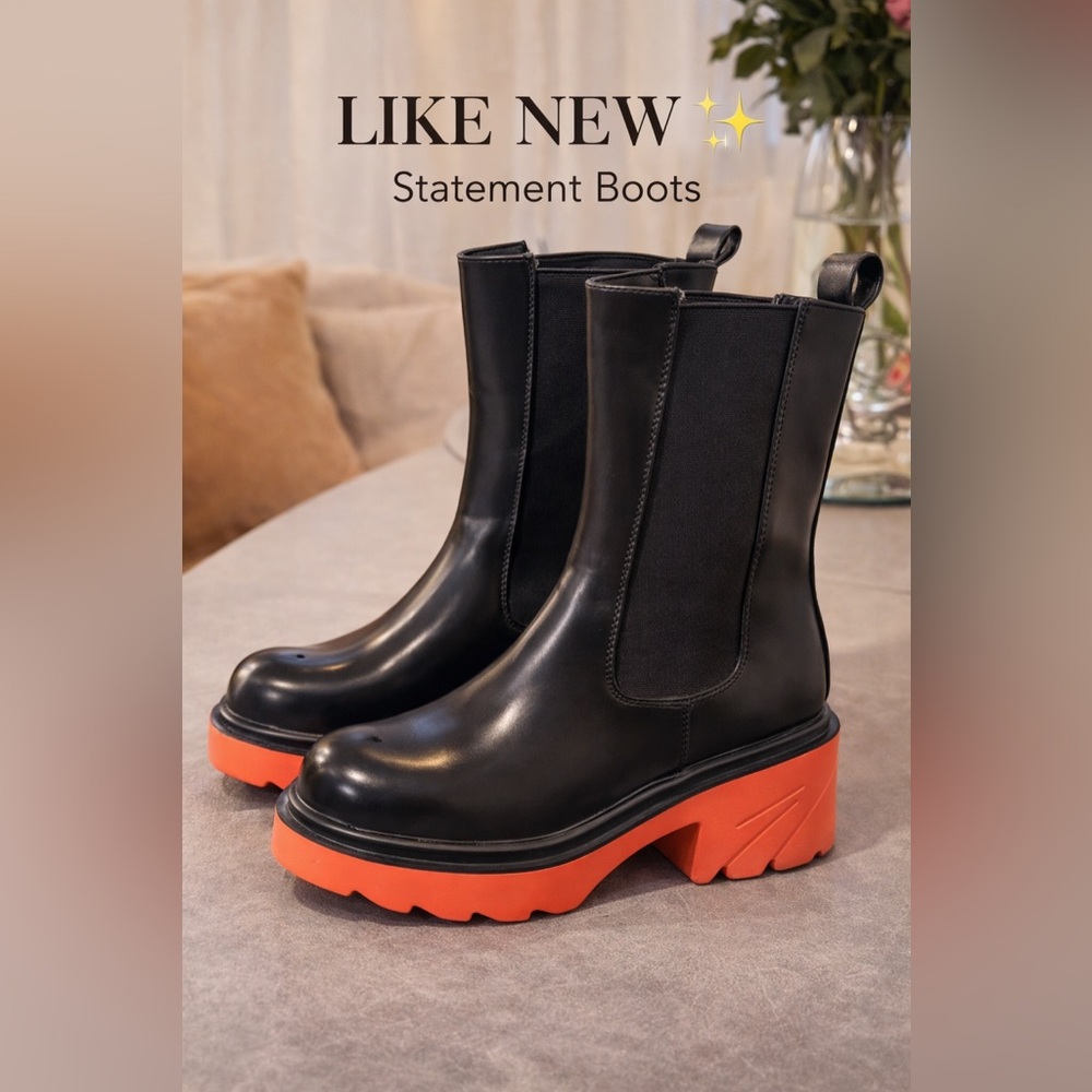 Black Chelsea Boots with Orange Platform Sole